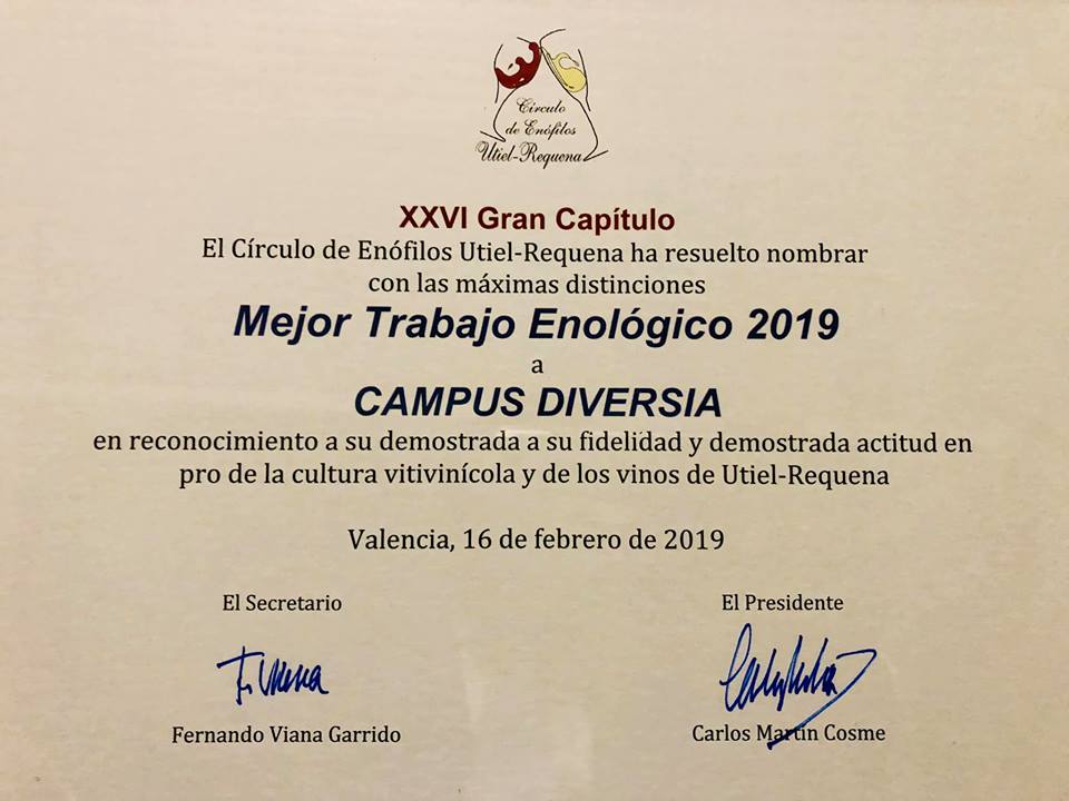PREMIO AL CAMPUS DIVERSIA: “MEJOR TRABAJO ENOLÓGICO 2019”. PREMIO AL CAMPUS DIVERSIA: “MEJOR TRABAJO ENOLÓGICO 2019”.