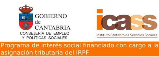 Logo del Gobierno de Cantabria Consejería de empleo y políticas sociales junto con el logo del ICASS (Instituto Cántabro de Servicios Sociales) para anunciar el programa de interés social financiado con cargo a la asignación tributaria del IRPF